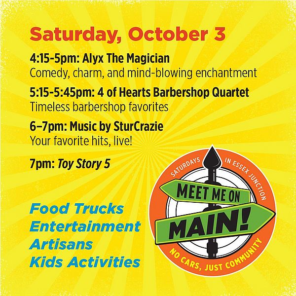 Text graphic with information on the entertainment lineup listed in the story with the Meet Me on Main logo.