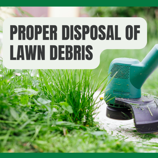 Proper Disposal of Lawn Debris graphic with weed eater and grass
